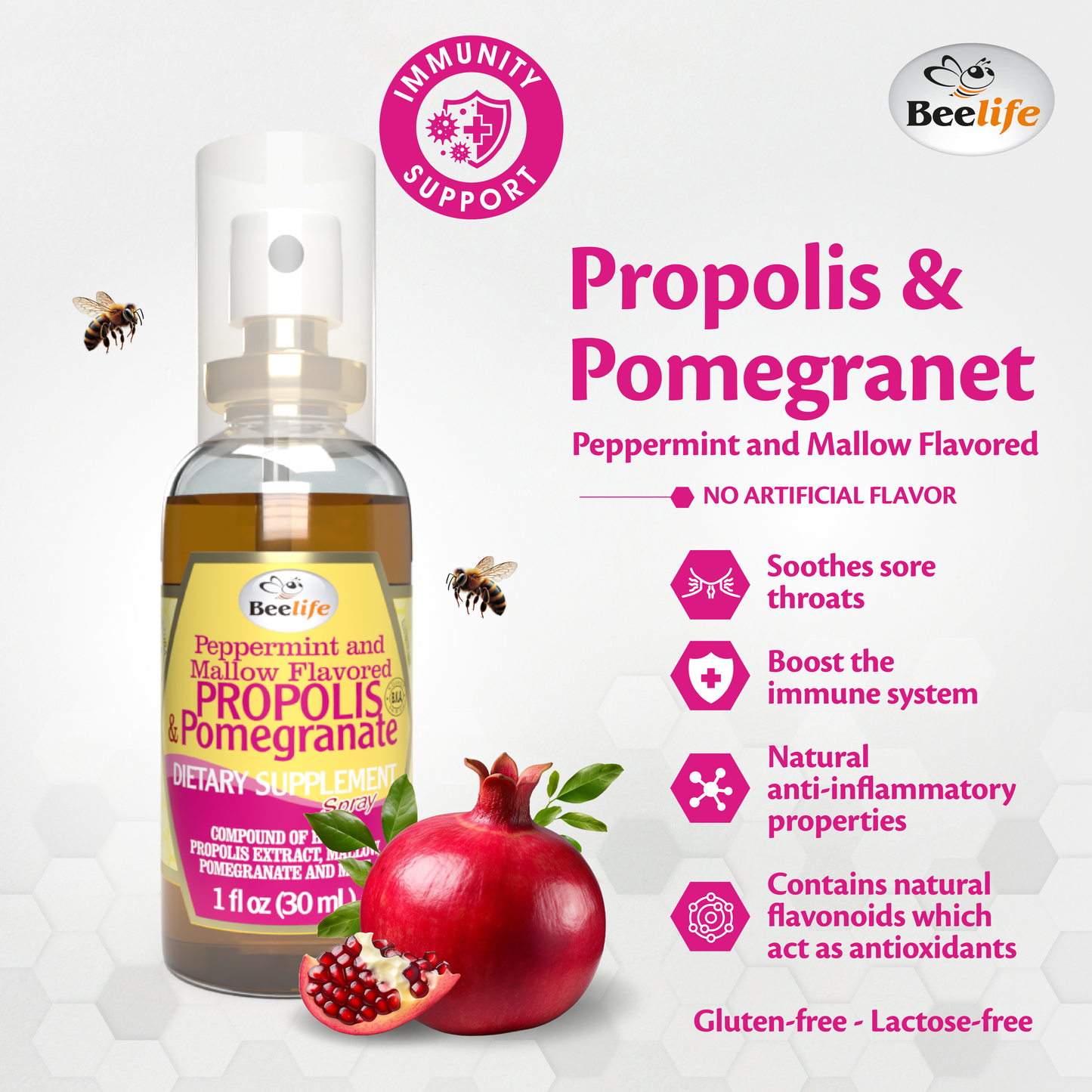 Beelife Propolis Throat Spray Honey, Mint & Pomegranate 1.01fl.oz/30ml